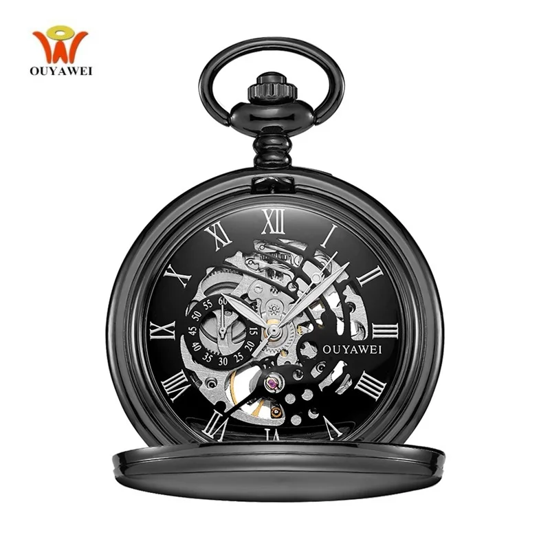 OUYAWEI Antique Steampunk Hand Winding Black Fob Pocket Watch Men Vintage Skeleton Hand Wind Mechanical Pocket Watches for gift