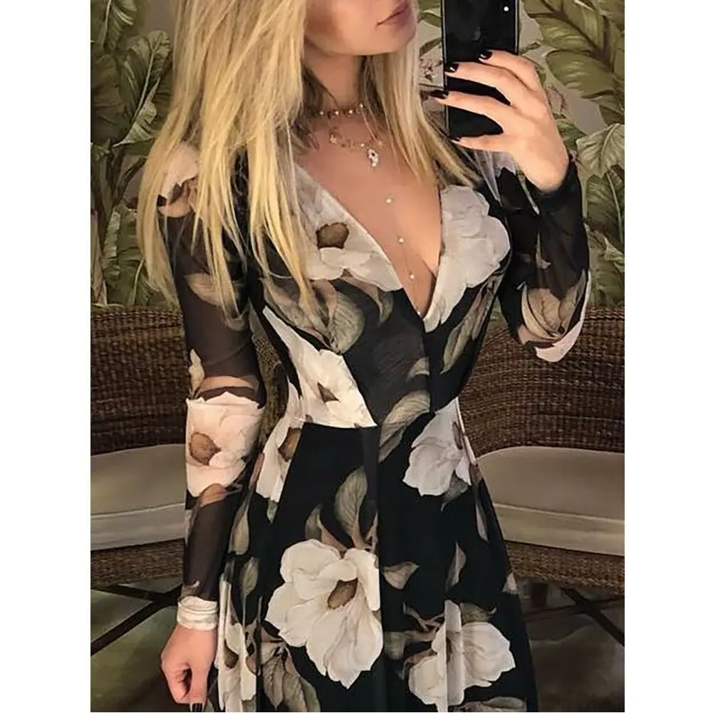 

New BOHO Women Ladies V-neck Long Sleeve Summer Beach Long Dress Holiday Floral Sun Dresses Evening Dress