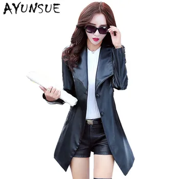 

2020 Women Leather Jacket Spring Autumn Long Slim Outwear Style Windbreaker Faux Sheep Leather Jackets Plus Size Coat WUJ0069