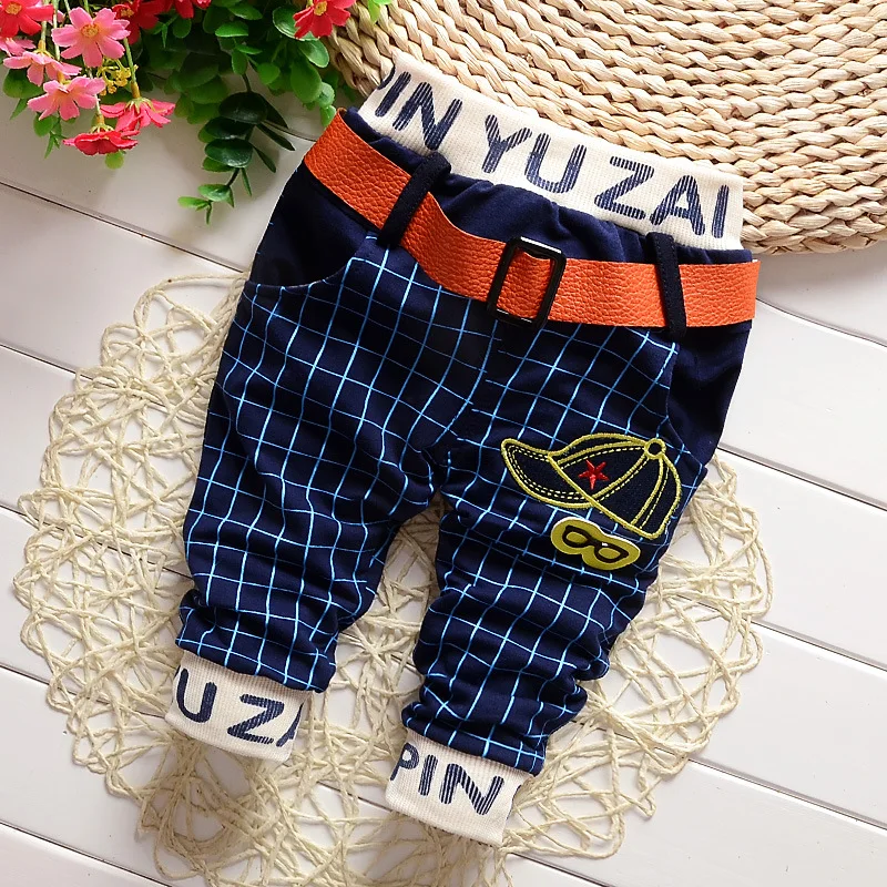 

DIIMUU Fashion Fall Toddler Boys Clothing Plaid Casual Trousers Infant Children Boy Clothes Print Hat Belt Pants Fits 1-3 Years