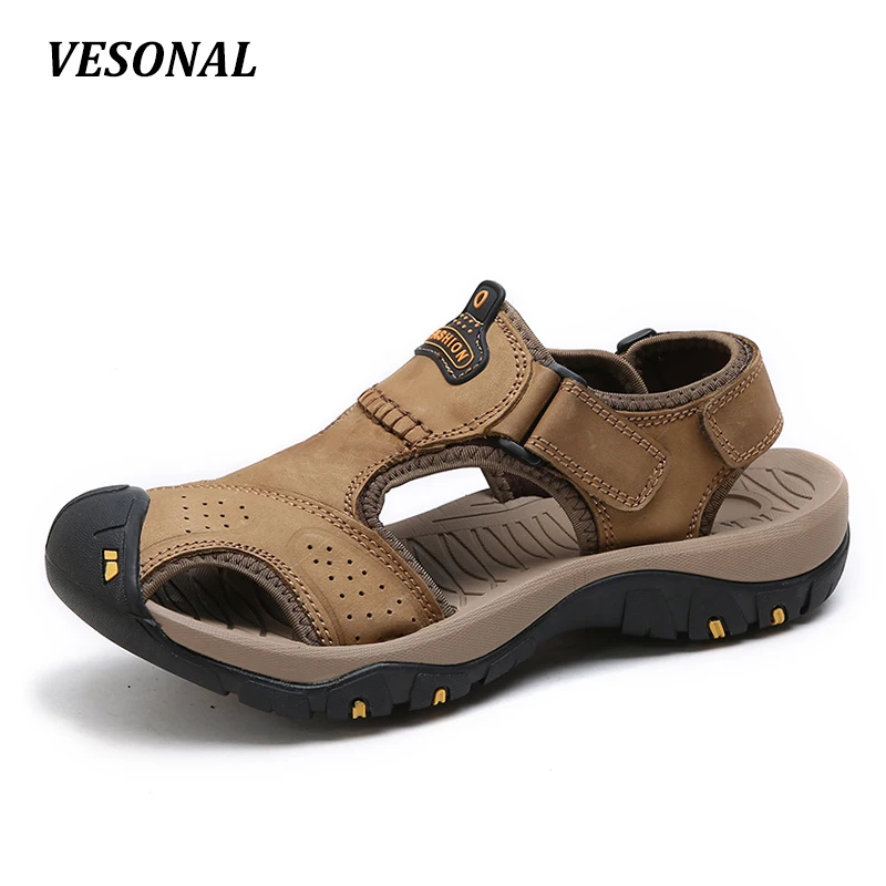 VESONAL Summer Thick Sole Genuine Leather Sandals Men Shoes Water