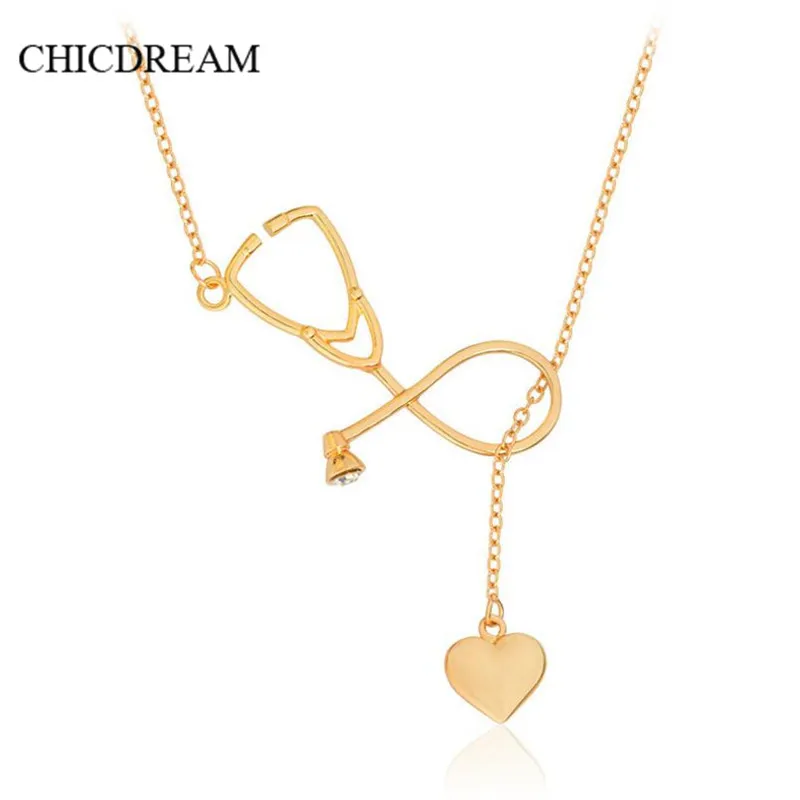 Charm Stethoscope Necklace Lariat Heart Pendant Necklace Women Doctor
