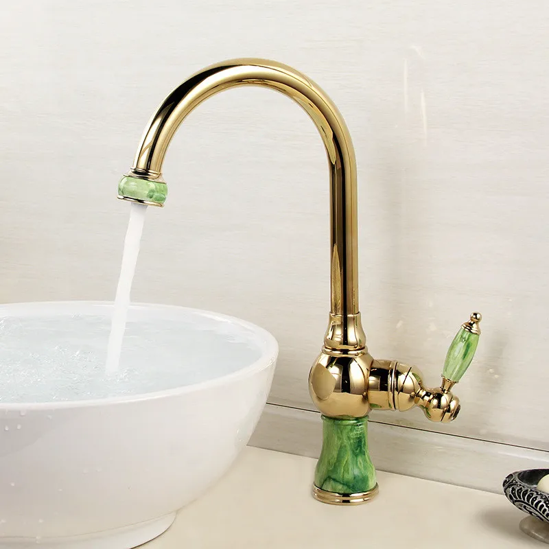 Kitchen Sink Faucet Brass and Jade Golden Finished Single Handle Hot & Cold Sink Mixer Tap Deck Mounted Kitchen Faucet Torneira Kitchen Sink Faucet Brass and Jade Golden Finished Single Handle Hot & Cold Sink Mixer Tap Deck Mounted Kitchen Faucet Torneira