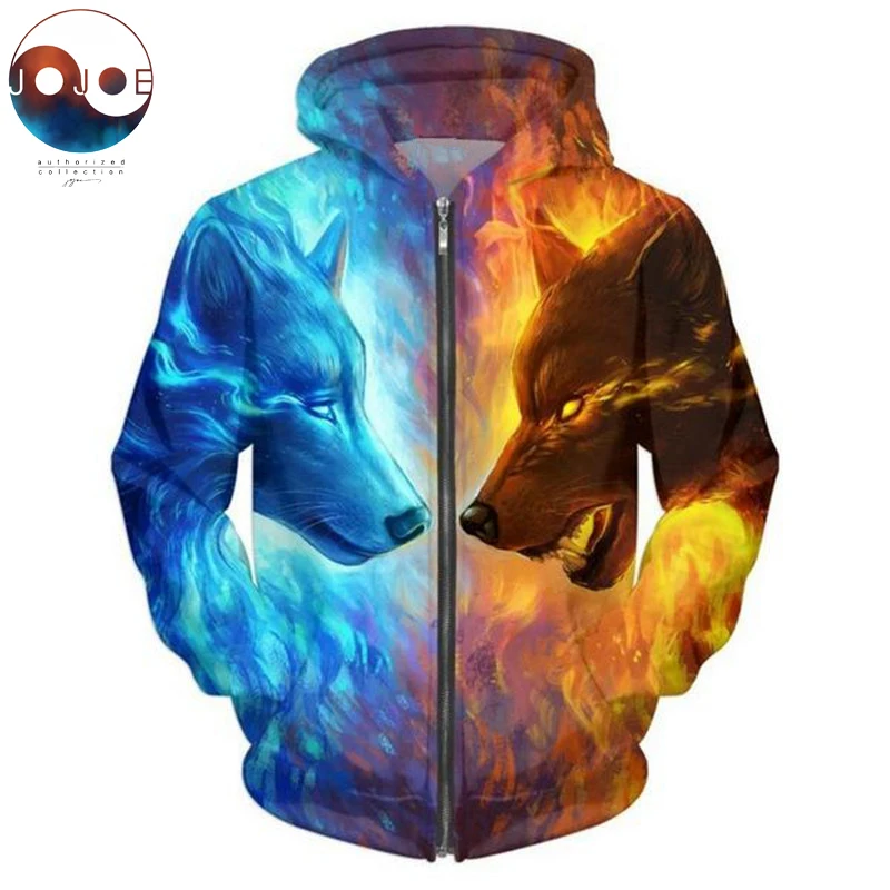 Ucuz Buz Ve Yangin Tarafindan Jojoesart 3d Kurt Fermuar Hoodies