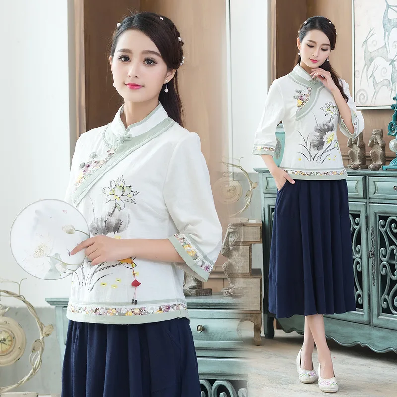 Китайские Cheongsam топы для женщин весна лето Шанхай Тан одежда Женская Ретро винтажная рубашка женские китайские Топы FF1764