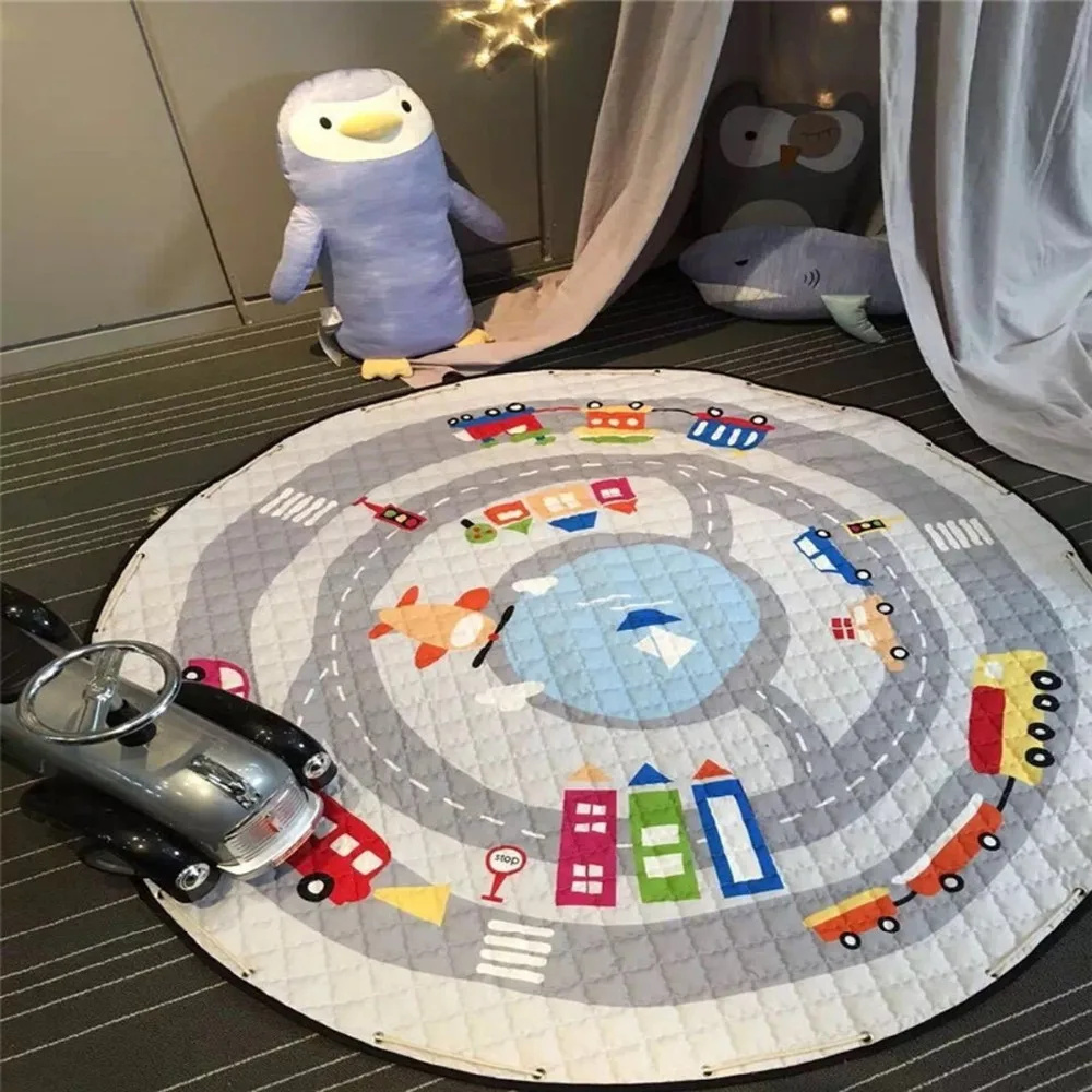 Kids Room Floor Rawling Mat Baby Ainimal Cartoon Play Mats Crawling Pad Toy Large Canvas Portable Round Shape Cotton Carpet Rugs