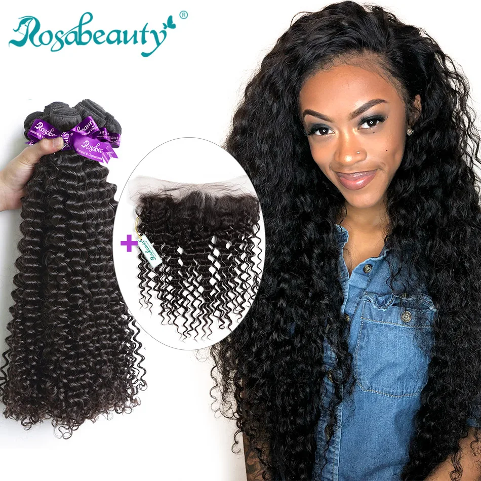 

Rosabeauty Deep Wave Bundles With Lace Frontal Brazilian Human Hair Curly Bundles With Closure 8 to 30 inch Natural Color Wavy