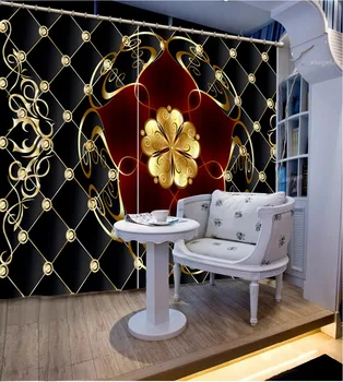 

3D Curtain Custom Any Size Blackout Shade Window Curtains Black Plaid Golden Flower Bed Room Living Room Office Hotel Cortinas