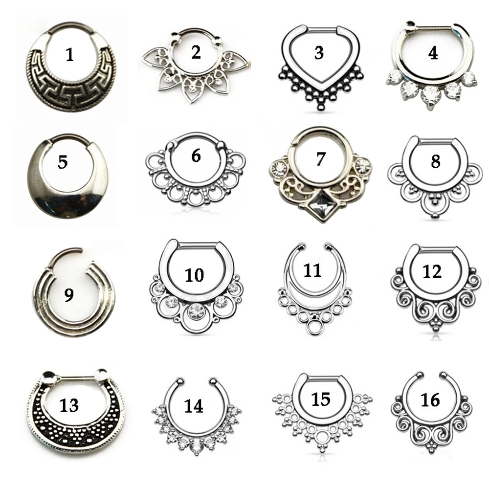 

1Pc G23 Titanium Shaft Tribal Fan Real&Fake Piercing Septum Clicker Flower Petals With CZ Gem Nose Rings Piercing Body Jewelry