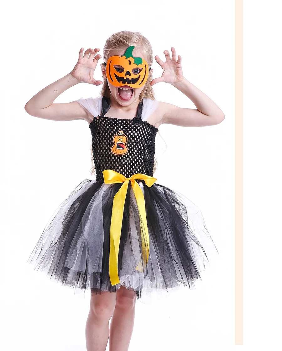 Halloween Jack o Lantern Tutu Dress Personalized Girls Pumpkin Tulle Dress with Matching Mask Kids Ghost Clothing for Party (7)