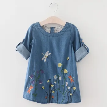 

girls denim Dress Children dress Casual Style kids Clothes Butterfly Embroidery Long Sleeve babysuit Clothes