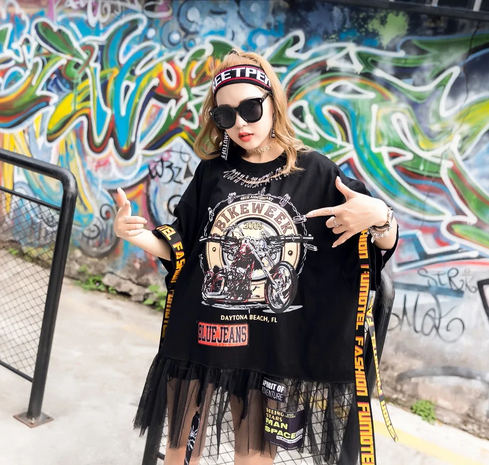 

Women's Unique Streetwear Loose Blouse Summer Oversized Longtees Ribbons Printed Fashion Hip Hop Dancers Female Tops NS818