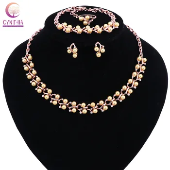 

Fashion Bib Collar Pendant Luxury Choker Simulated pearl Crystal Necklace Earring Bracelet Ring Statement Jewelry Set