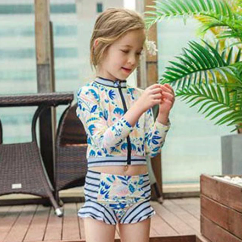 

New 2-8 Years Baby Swimsuit Cute Girls Swimwear Floral Print Bathing Suits for Children Swim Wear Two Piece Beach Dress Biquinis