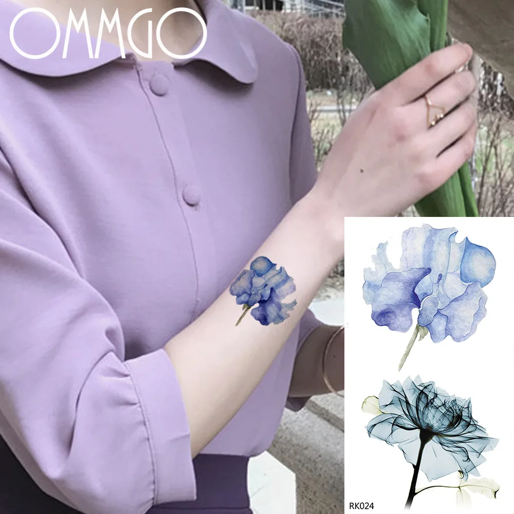 

OMMGO Watercolor Flower Camellia Temporary Tattoos Sticker Women Girl Custom Tattoo Body Art Wrsit Fake Tatoos Minimalist Flash
