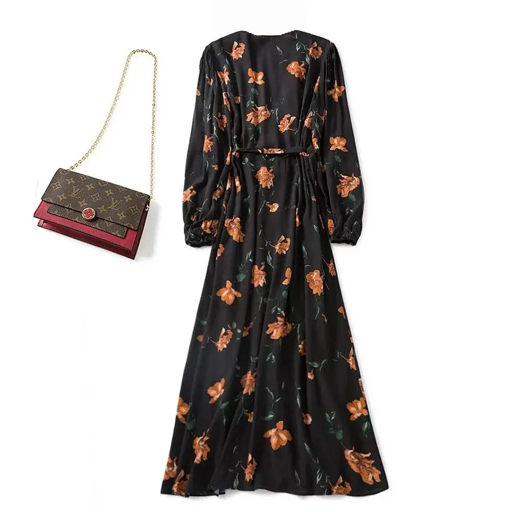 

Women Black Wrap Dress Short Sleeve V Neck Flower Print Long Dress