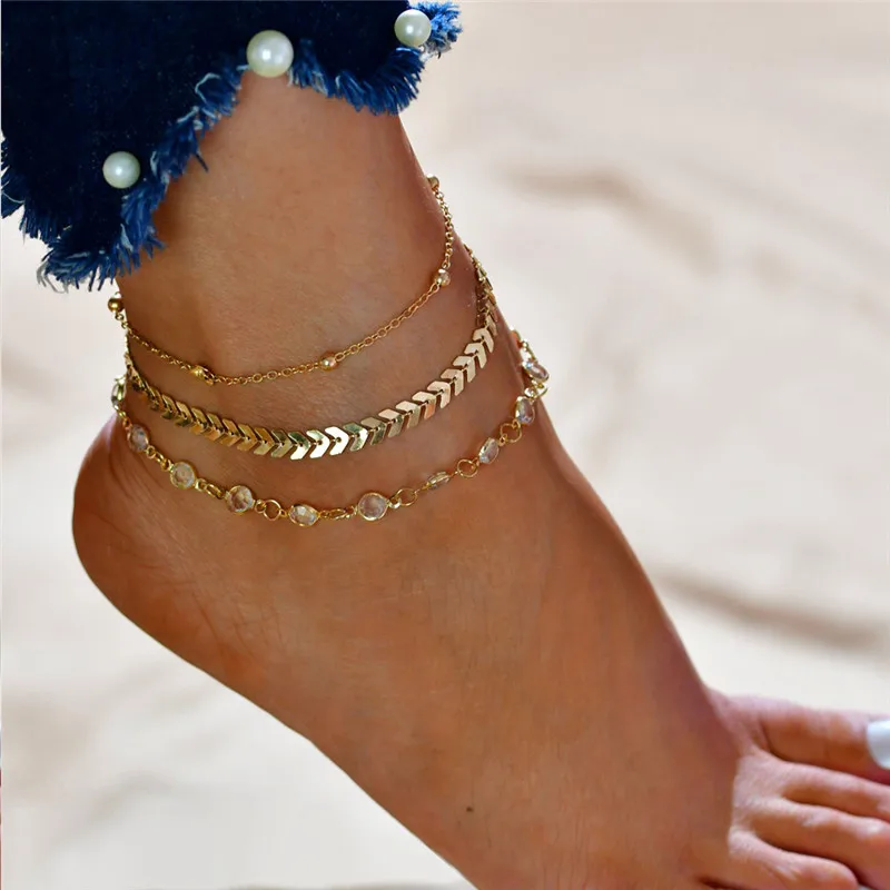 

3Pcs/lot Crystal Sequins Anklet Set For Women Beach Foot jewelry Vintage Statement Anklets Boho Style Party Summer Jewelry X7-M2