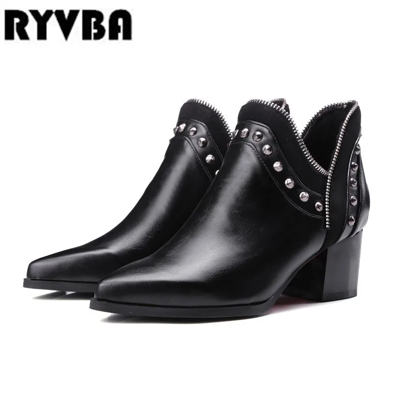 

RYVBA womens pointed toe ankle boots women winter autumn boots 2019 fashion Rivets woman square high heels ladies black shoes