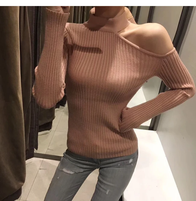 Gkfnmt Sexy off shoulder knitted sweater Women elegant solid skinny slim pullover and sweater 2018 Autumn winter jumpers Pink