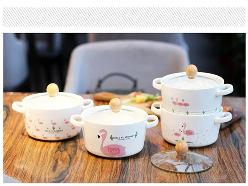 Милая чаша для лапши с фламинго, керамическая чаша для ушей, креативные японские столовые приборы, Студенческая чаша со стеклянной крышкой
