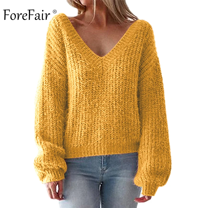 Forefair V Neck Knitted Sweater Women Yellow White Oversized Backless Long Sleeve Sexy Sweater Winter 2018 Knitwear