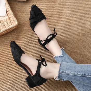

2019 Women's Spring New Hemp Lace-up Women's Shoes Pointed Toe Square Heels Fashion Shallow Pump Med Heels Ladies Sexy Shoes
