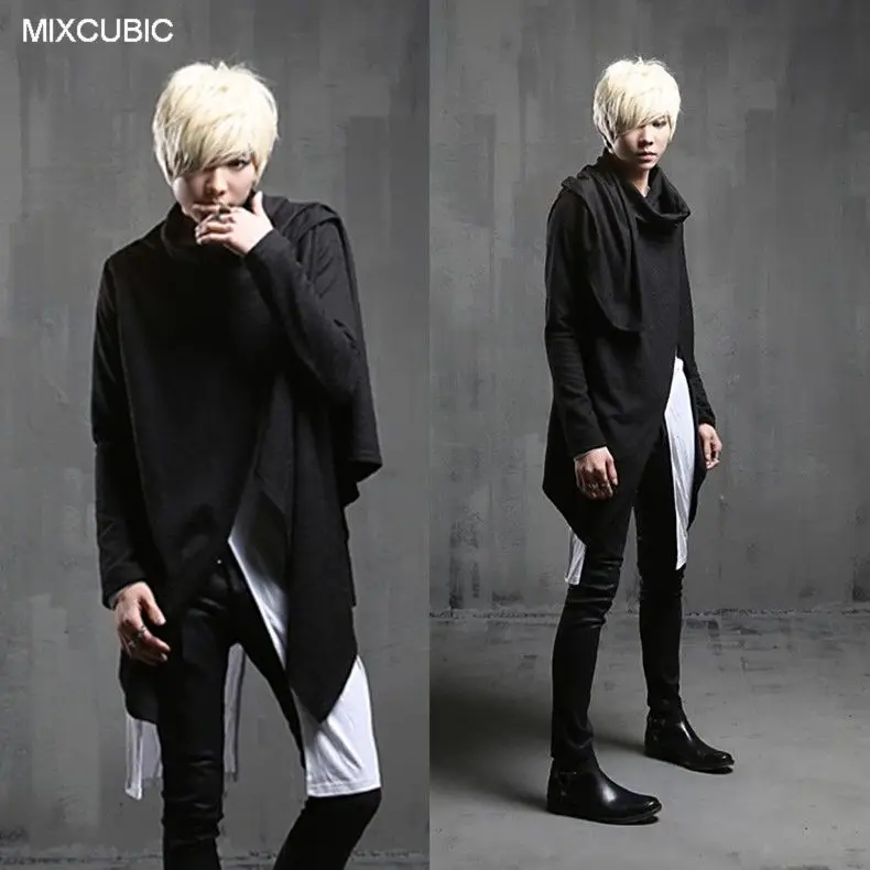 

MIXCUBIC Autumn winter punk style Night costumes unique Asymmetric scarf T shirts men casual slim scarf T-shirts for men