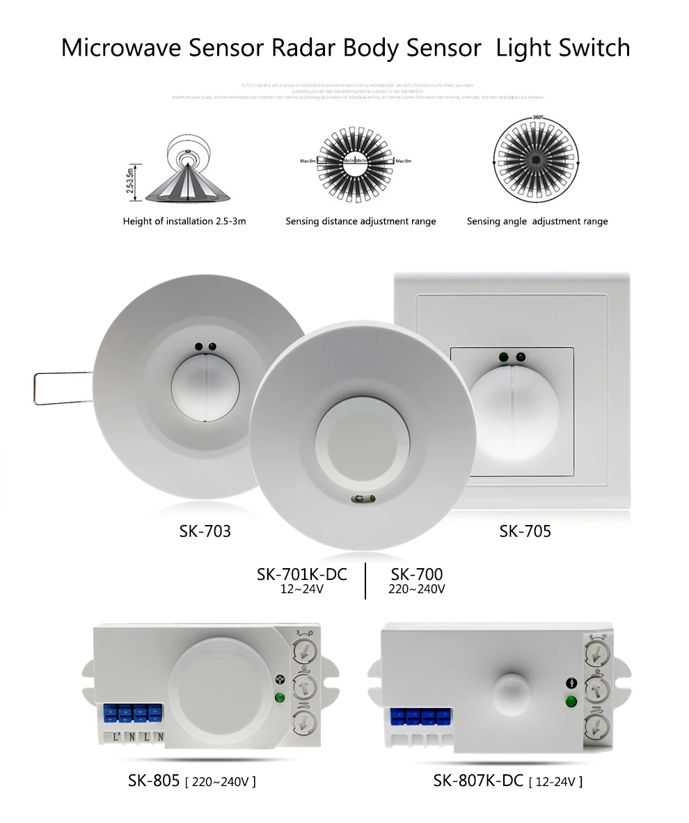 Микроволновый датчик, радар, датчик тела, светильник, переключатель, AC220-240V, 360 градусов, детектор движения человеческого тела, светильник, переключатель