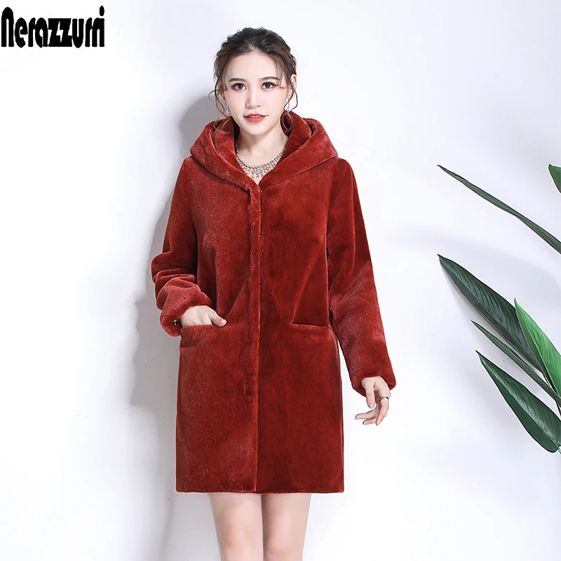 

Nerazzurri winter women fur coat with hood long sleeve red black warm fur pockets plus size plush fluffy fake fur jacket 5xl 6xl