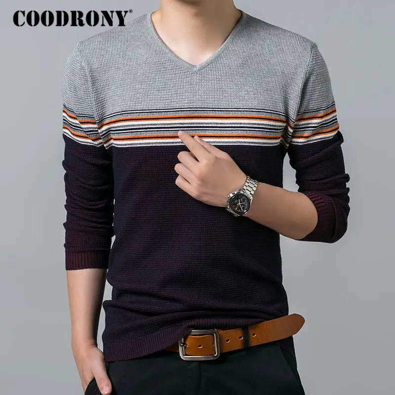 COODRONY, хлопковый шерстяной свитер для мужчин, зимние мужские теплые свитера, облегающий пуловер для мужчин, повседневный Полосатый пуловер с v-образным вырезом, мужские топы 7179 - Цвет: Серый
