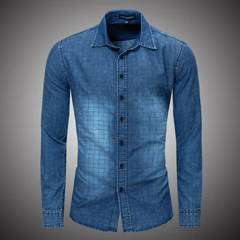 

Plaid Denim Shirt Men Casual Fit Slim Long Sleeve Shirts 2018 Autumn Cotton Jeans Dress Shirt Mens Clothing Plue Size Blue WY107