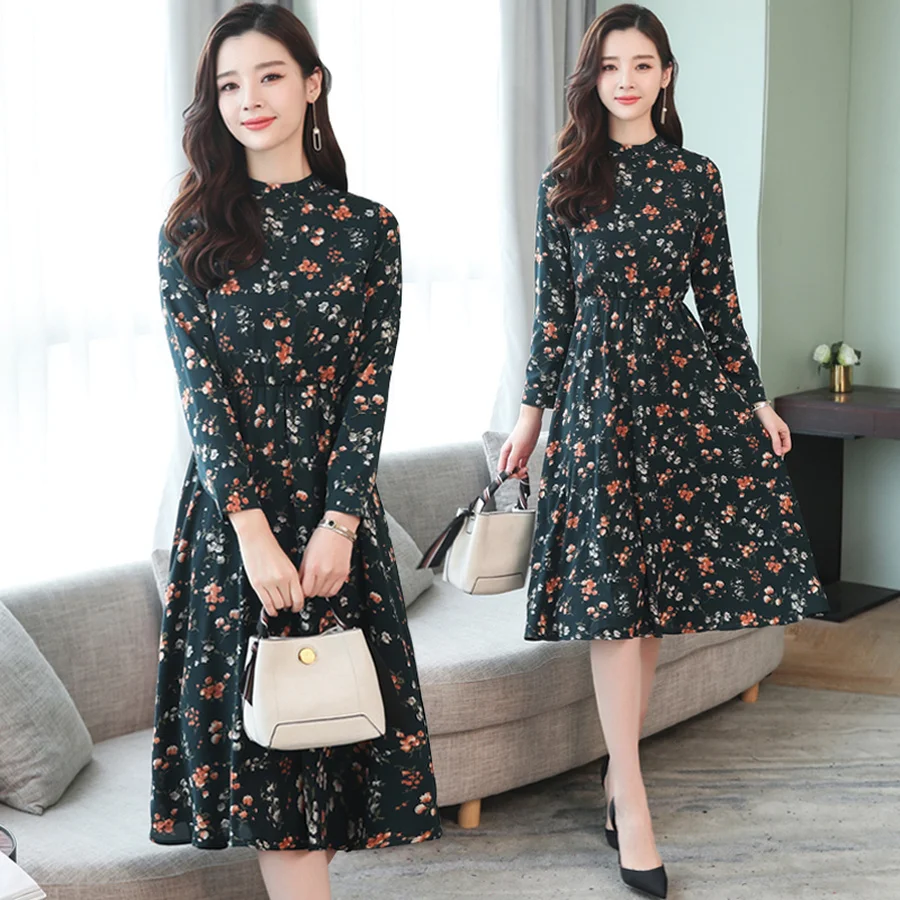 

2019 Femal Vintage Floral Chiffon Beach Midi Dresses Autumn Winter Print Long Sleeve Dress Elegant Women Bodycon Party Vestidos