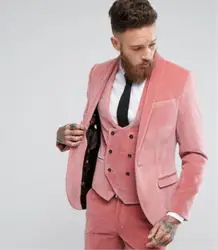 На заказ 3 предмета в комплекте модные зимние жених свадебное платье Slim Fit розовый бархат для мужчин смокинг костюм куртка + жилет штаны