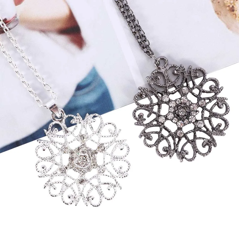

Women New Pierced Pattern Crystal Rhinestone Round Long Chain Pendant Necklace