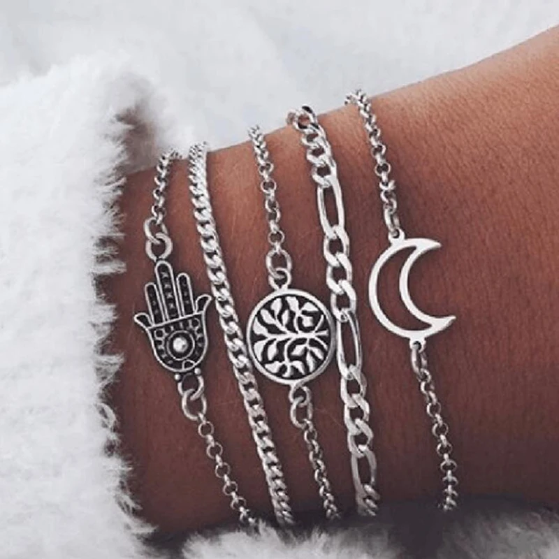

Tocona Punk Metal Silver Color Map Hand Crystal Layered Bracelet Set For Women Girl Retro Hollow Tree Moon Jewelry Pulseira 4176