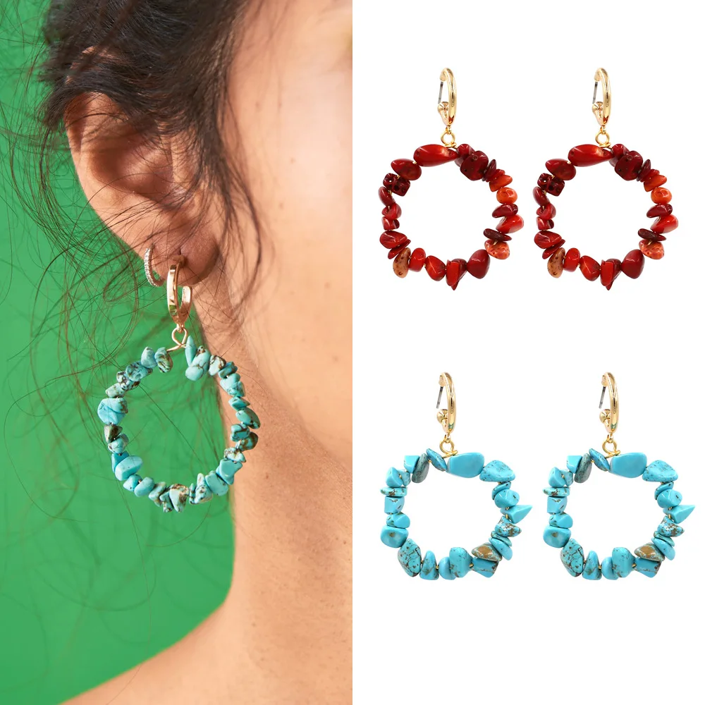 

Fashion Red Blue Stone Bead Drop Dangle Earring for Women Za Bohemia Ethnic Round Circle Statement Hanging Earrings Bijoux