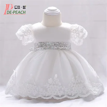 

DE PEACH 2019 Embroidery Sequins Bow Baby Girl Wedding Dress Infant Birthday Party Baptism Dress Baby Kids Christening Clothes