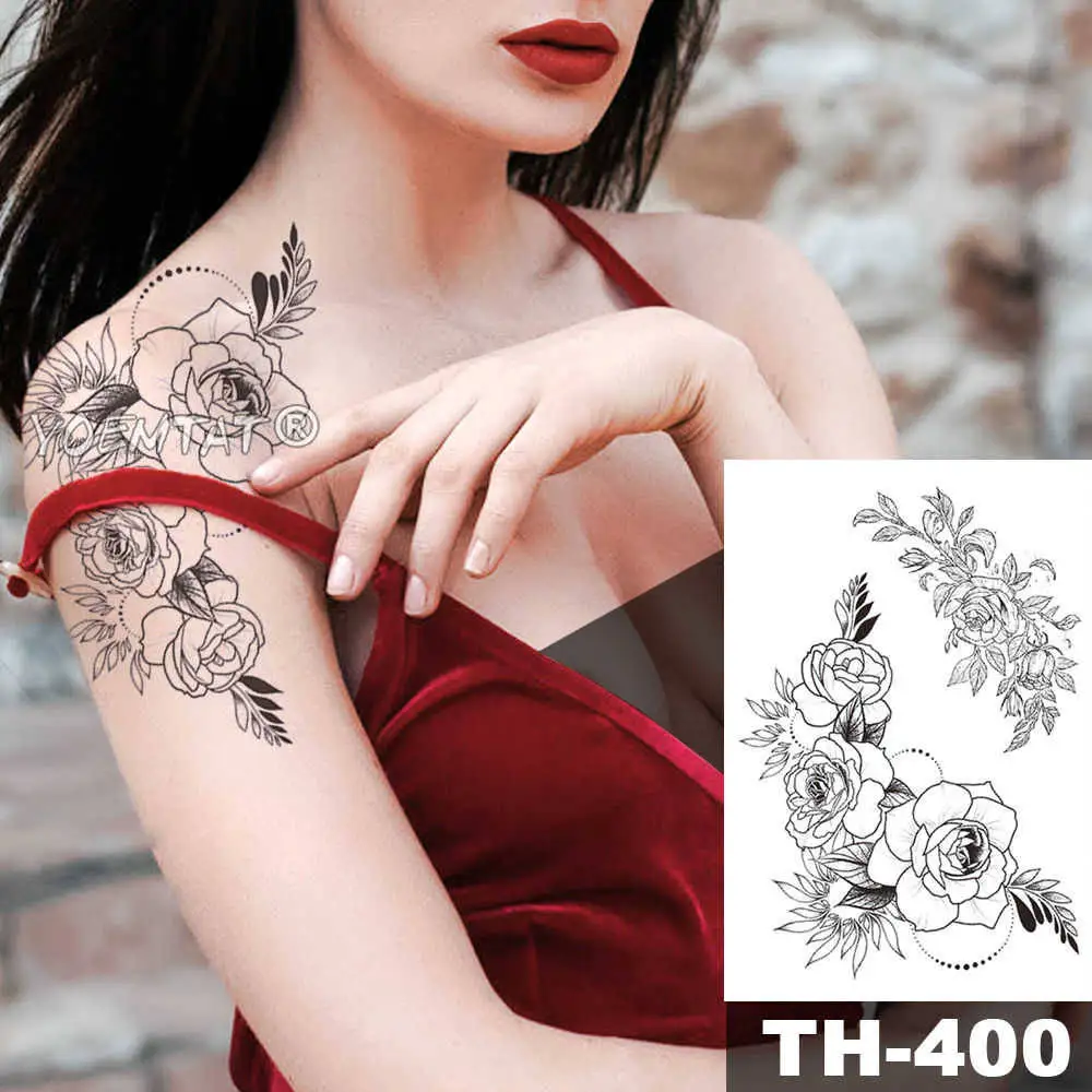 Leaf Rose Peony Lace Flower Waterproof Temporary Tattoo Sticker Black Big Tatto Body Art Shoulder Fake Tatoo For Women - Цвет: 14-TH400