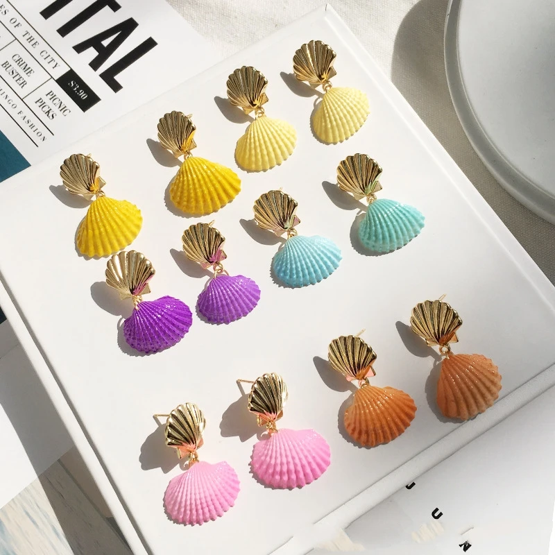 

2019 Colorfull SeaShell Earrings For Women Gold Color Round Geometric Drop Shell Earrings Summer Beach Ladies Fashion Jewelry