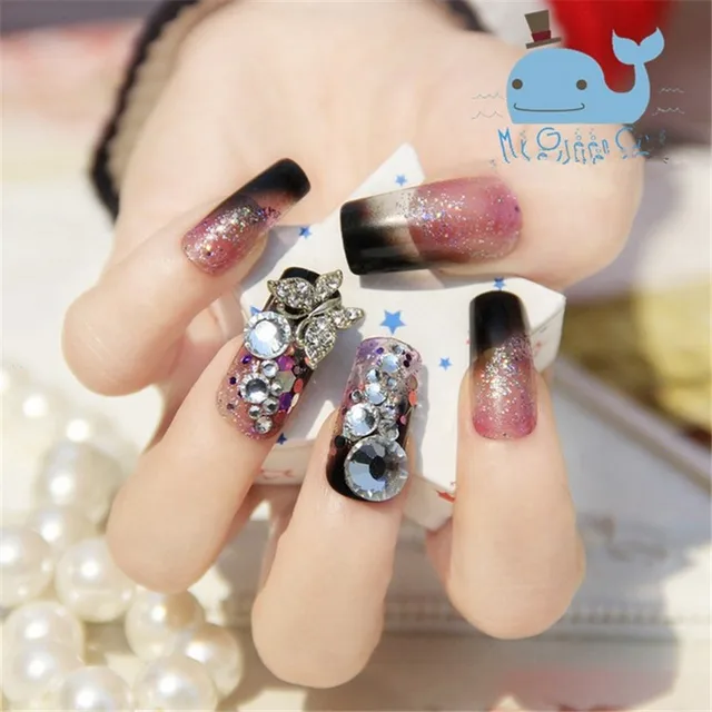 24pcs Set New Fashion False Nails Cute Flash Diamond Full Cover Nail 24pcs Set New Fashion False Nails Cute Flash Diamond Full Cover Nail Transpa Fake