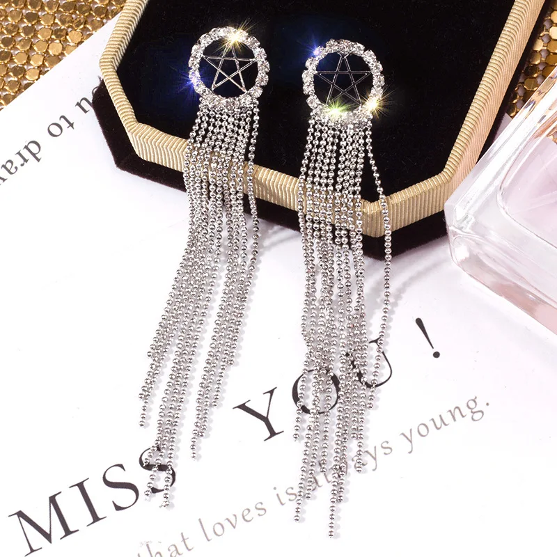 

FYUAN Fashion Long Tassel Crystal Earrings Luxury Rhinestone Pentagram Star Drop Dangle Earrings for Women Wedding Party Jewelry