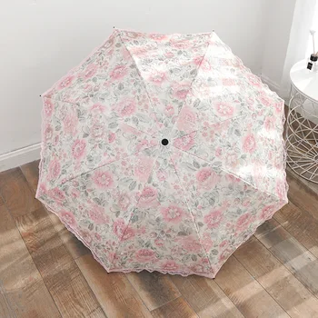 

Double-layer Lace Umbrella Dual-use Embroidery Three Folding Small Rose Flower Creative Princess Feeling Umbrellas for Woman