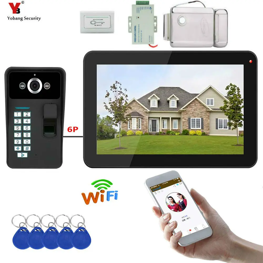 9 inch Wired / Wireless Wifi Fingerprint RFID Password Video Door Phone Doorbell Intercom Entry System+ID Keyfobs+Electric Lock