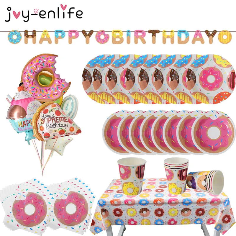 Doughnut плакатная бумага чашка салфетки тарелки с днем рождения Юбилей ребенок душ конфеты украшение для бара и вечеринки пончик Вечерние