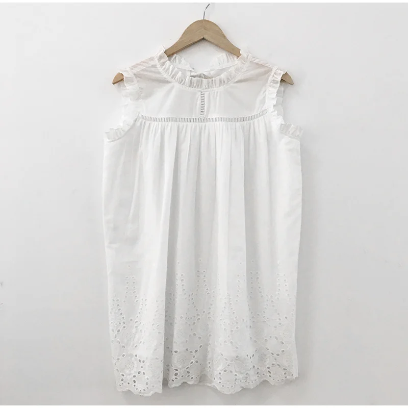 

White Hollow Out Ruffles Sleeveless Women's Nightgown Casual Loose Night Mini Dress 2019 Summer Retro Court Plus Size Homewear