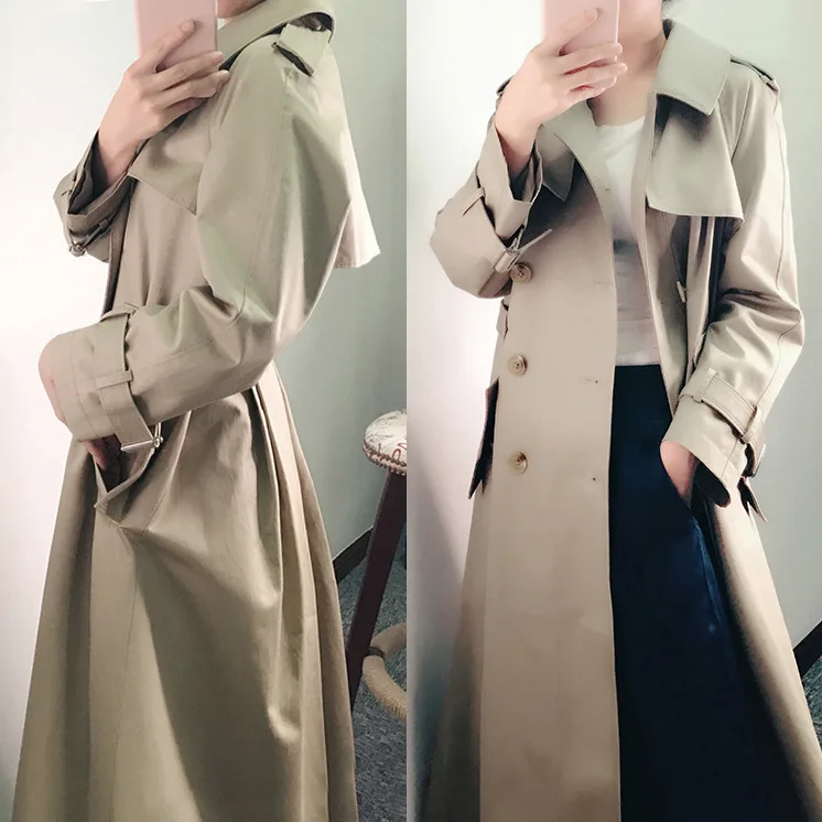 Тренч цвета хаки женский длинный корейский Весна Осень Туника приталенное двубортное пальто женское пальто N793