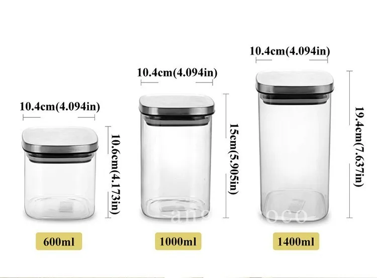 Квадратные стеклянные банки с крышкой из нержавеющей стали для специй, сыпучих продуктов, набор контейнеров для чая и кофе, герметичные банки, коробка для хранения, канистра