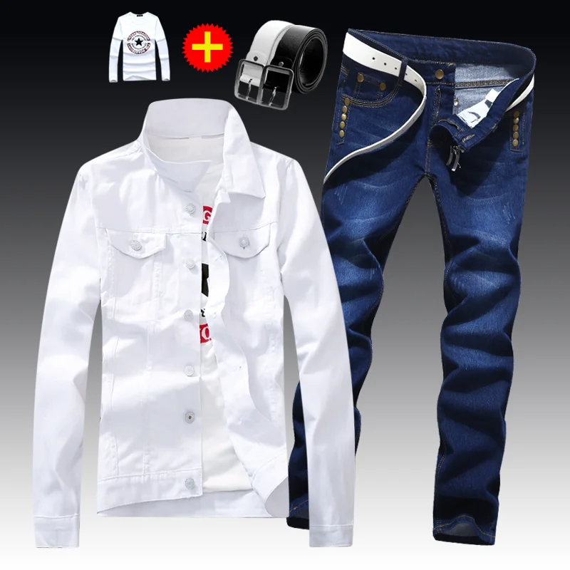 Spring Autumn Mens Slim Fit Denim Jacket Pants Long Sleeve Coat Casual 2pcs Set Buttons Front 4