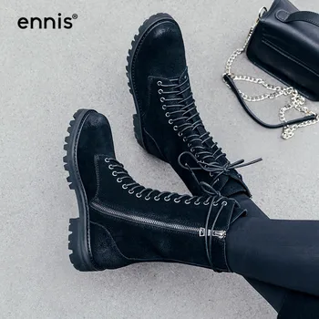 

ENNIS 2019 Black Motorcycle Boots Women Genuine Suede Leather Boots Platform Lace Up Booties Round Toe Shoes Autumn Winter A955
