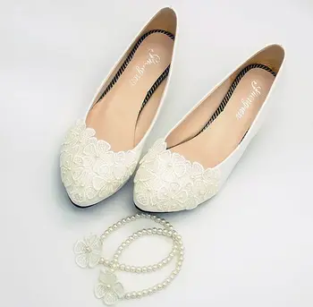 

Lace flower ivory wedding pumps shoes woman sweet handmade string beads ankle bracelet ladies girl bridesmaid ivory shoes